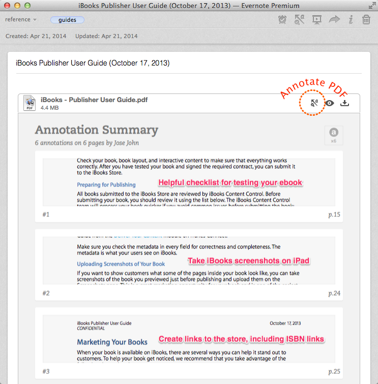 Annotation Summary feature in Evernote for Mac shows list of annotations in embedded PDFs