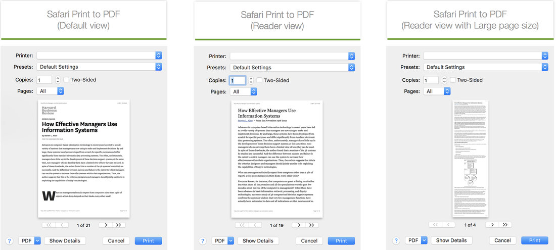 Shows the benefits of using Safari's Reader View and a large paper size to create readable PDFs with fewer pages.