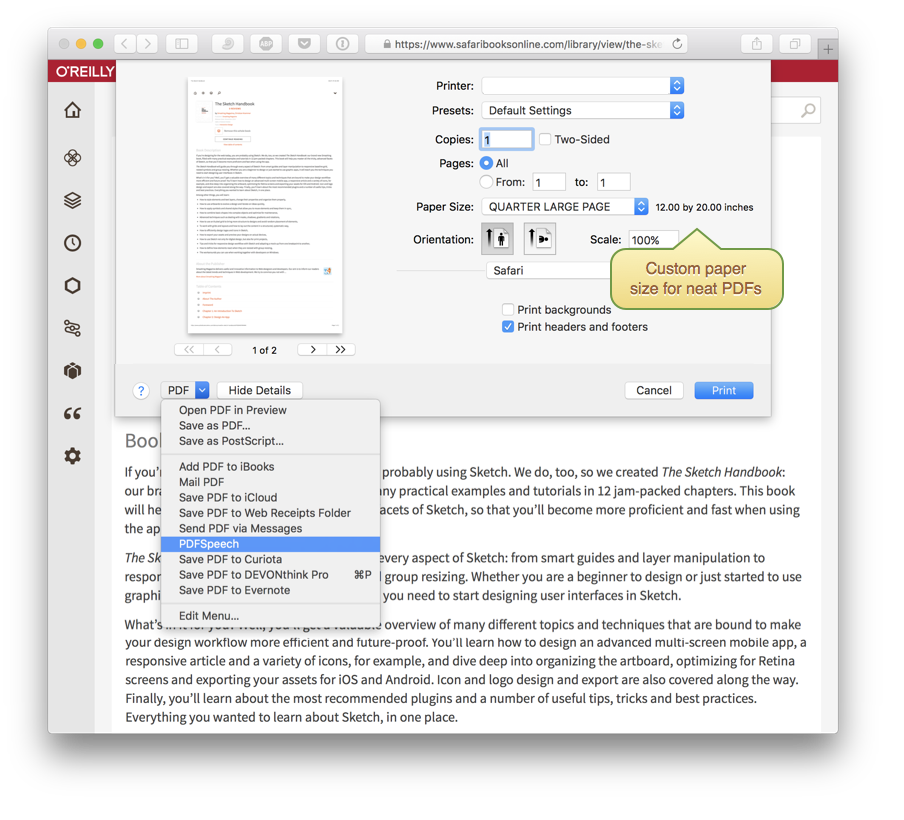 Use the Print feature in Safari with Reader view to send PDFs to any application, including PDFSpeech