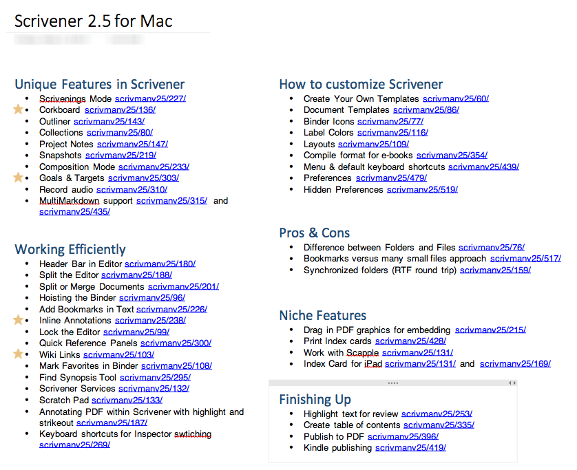 Scrivener for Mac user manual indexed using PDFoo URLs in OneNote for Mac